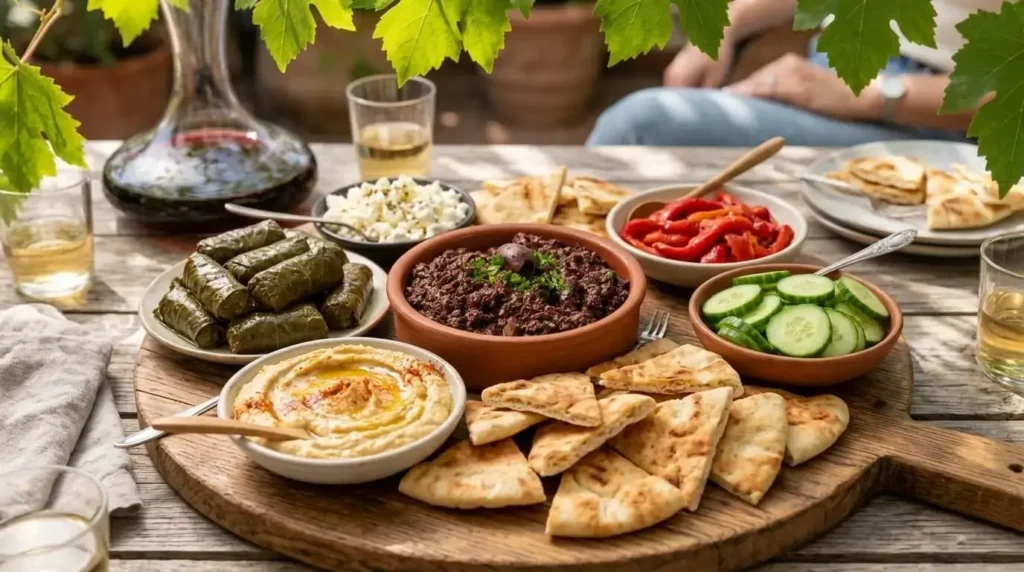 A gorgeous Mediterranean mezze platter featuring Kalamata olive tapenade, hummus, feta cheese, pita bread, and fresh vegetables on a wooden board.