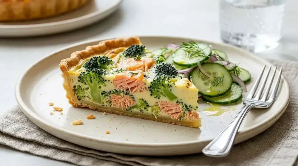 A slice of savory Salmon and Broccoli Quiche served on a ceramic plate with a crisp Mediterranean cucumber salad on the side.