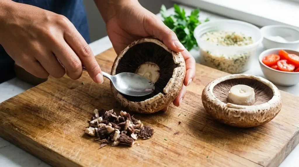 A step-by-step process showing a spoon scraping out the dark interior gills of a clean Portobello mushroom cap on a wooden board.