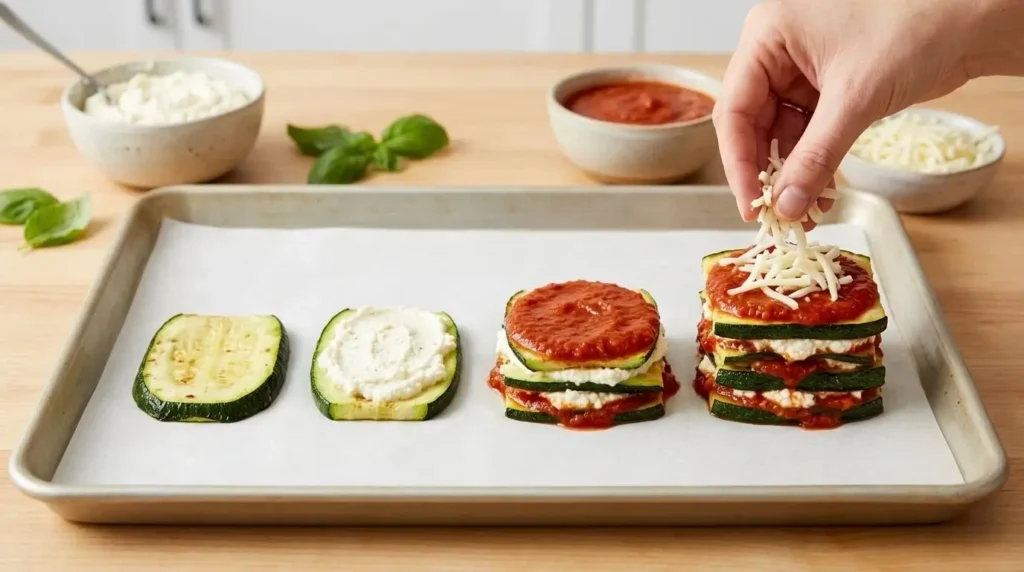 A step-by-step assembly shot showing individual zucchini lasagna stacks being layered with ricotta, marinara, and mozzarella on a baking sheet.