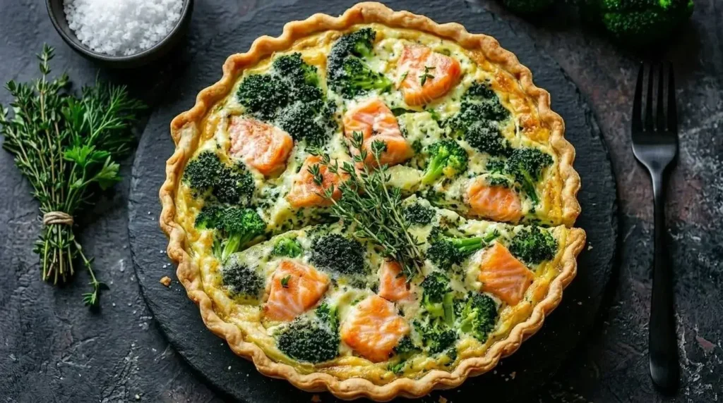 A whole fresh Salmon and Broccoli Quiche with a fluted golden crust, topped with fresh thyme on a dark slate platter.