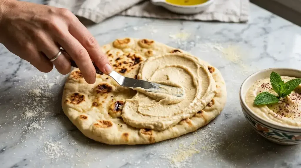 A metal offset spatula spreading a thick, velvety layer of garlic chickpea hummus over a golden, toasted naan flatbread.
