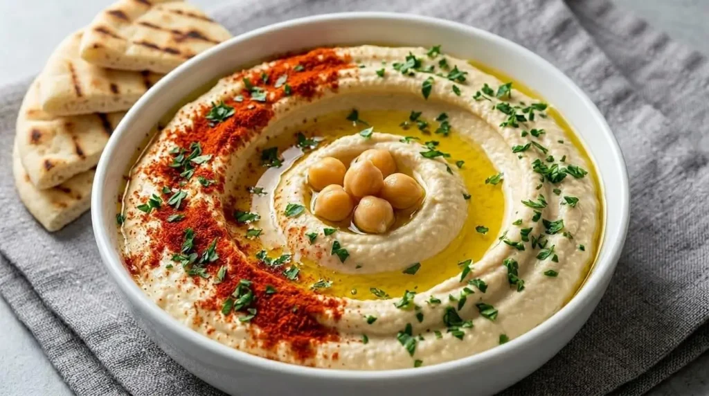 A white bowl of creamy hummus topped with olive oil and paprika, garnished with fresh parsley and whole chickpeas, served alongside grilled pita bread wedges.