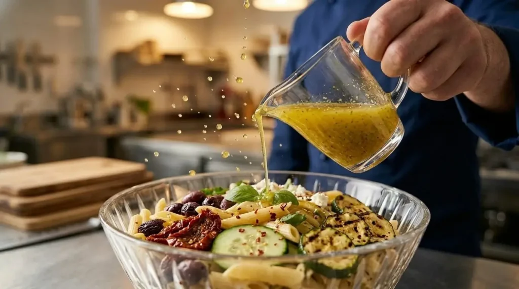Pouring homemade lemon-herb vinaigrette dressing over a large bowl of Mediterranean pasta salad components.