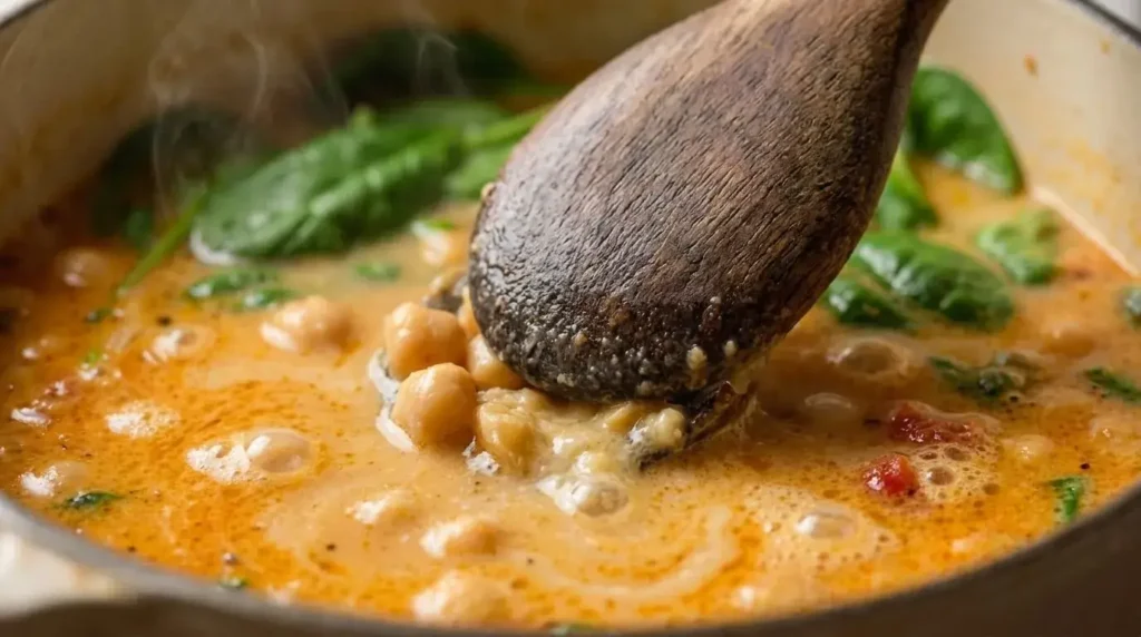 Close-up of a wooden spoon mashing chickpeas against the side of a pot to naturally thicken the soup broth.