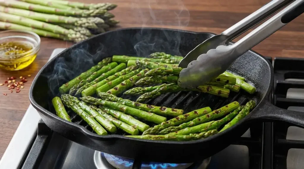 Searing 2-inch pieces of fresh asparagus in a hot cast-iron grill pan on the stovetop.