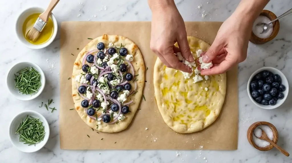 Overhead view of hands assembling fresh blueberries, red onion, and goat cheese onto a flatbread base.