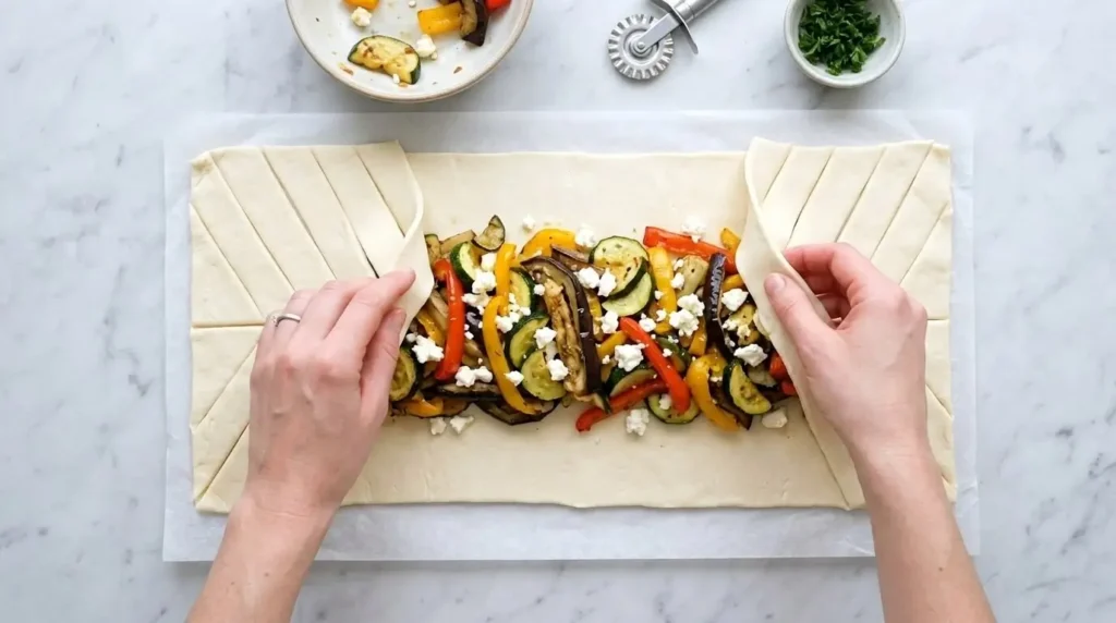 Overhead step-by-step process shot showing how to cut and braid pastry strips over a roasted vegetable and feta filling.