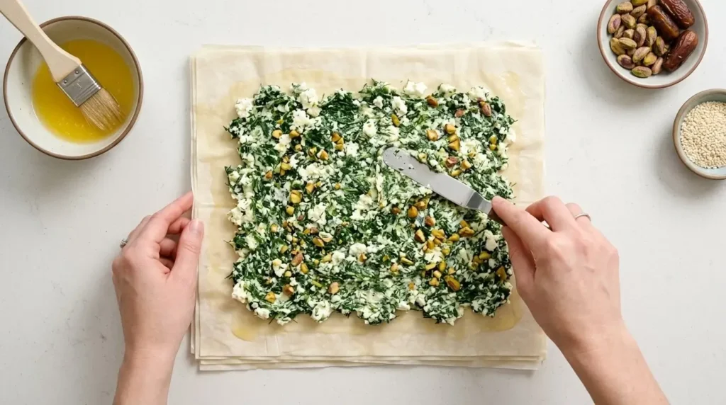 Top-down view of spreading the green spinach and white feta cheese filling onto stacked layers of brushed phyllo dough sheets on a clean counter.
