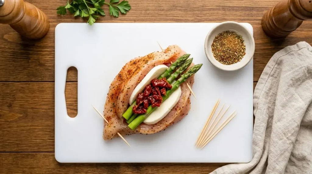 Step-by-step process of butterflying and stuffing chicken breast with asparagus, mozzarella, and sun-dried tomatoes.