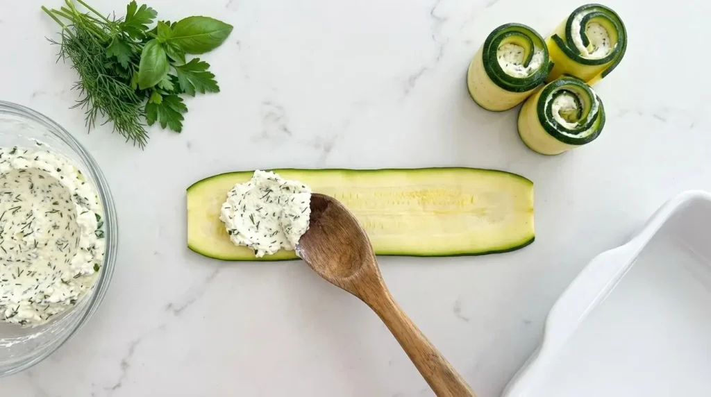 Step-by-step process of rolling thin zucchini ribbons with a creamy herbed ricotta cheese filling on a marble counter.