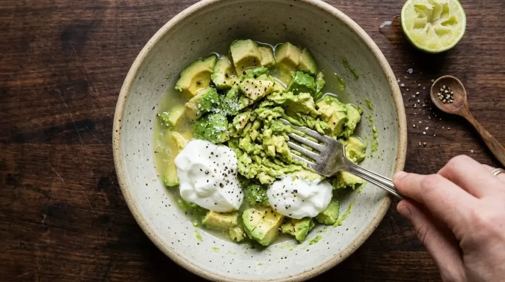 Overhead shot of fresh avocados being mashed with Greek yogurt and lime juice in a ceramic bowl.
