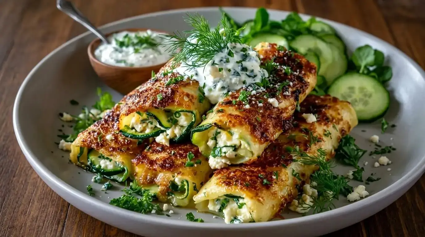 A plate of Baked Zucchini and Cottage Cheese Crepini Rolls with a crispy golden-brown cheese topping, fresh dill garnish, and a side of tzatziki sauce and sliced cucumbers.