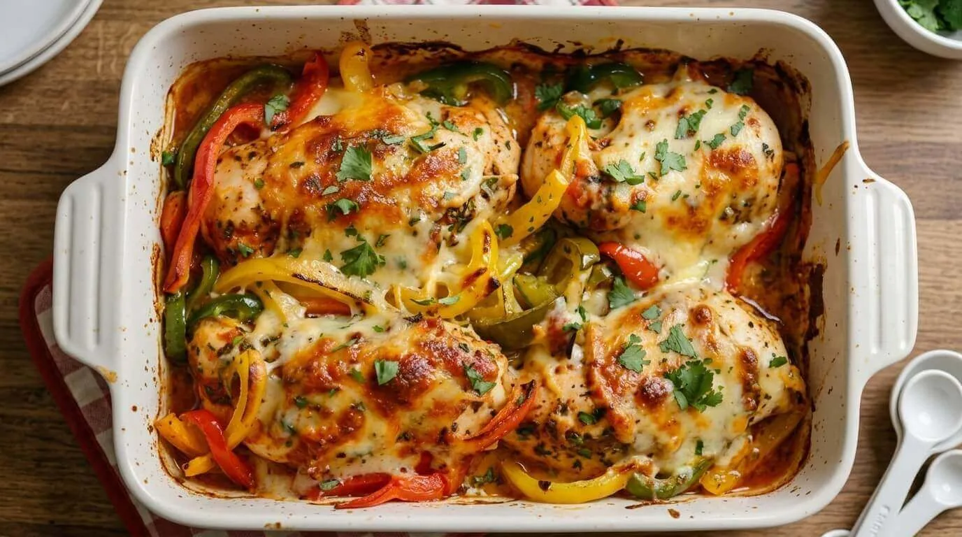Cheesy Baked Fajita Chicken and Peppers Casserole garnished with fresh cilantro in a white baking dish.