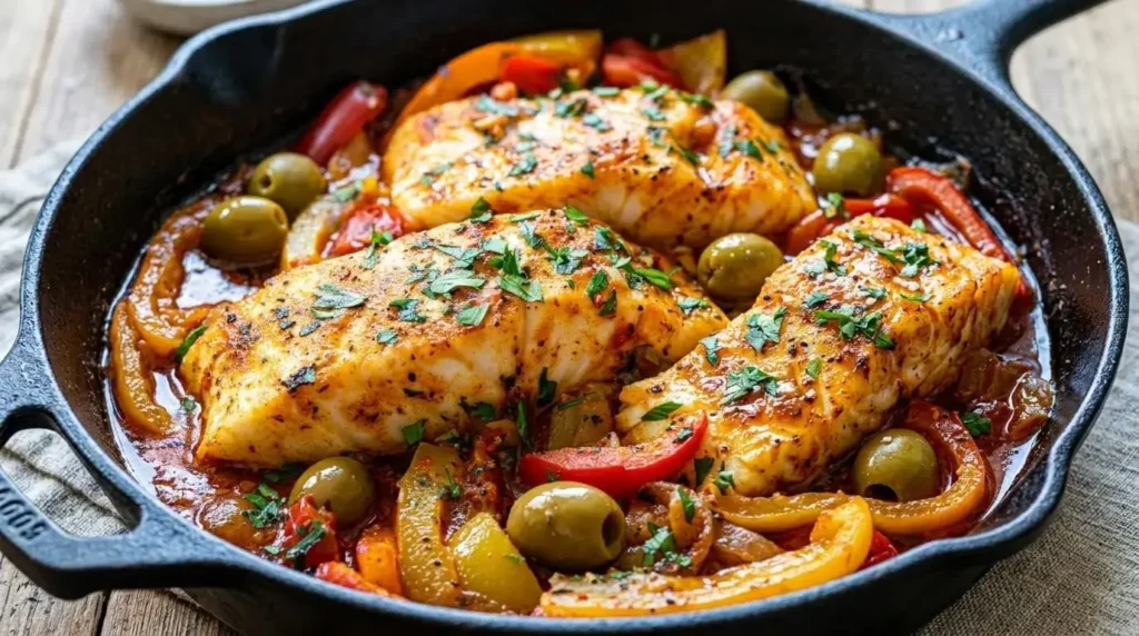 Close-up of Mediterranean baked white fish fillets with bell peppers and green olives in a black pan.