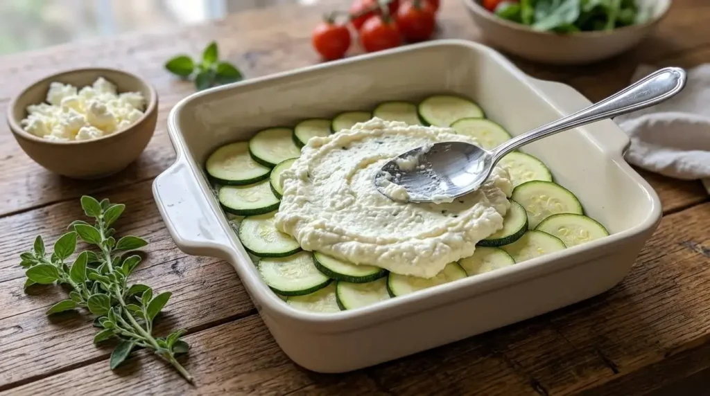 Assembling a healthy zucchini lasagna by spreading a rich herb cheese filling over fresh zucchini layers in a ceramic baking dish.