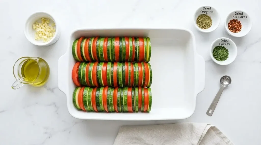 Overhead process view of uniform zucchini and tomato slices arranged vertically in rows inside a white baking dish on a marble counter.