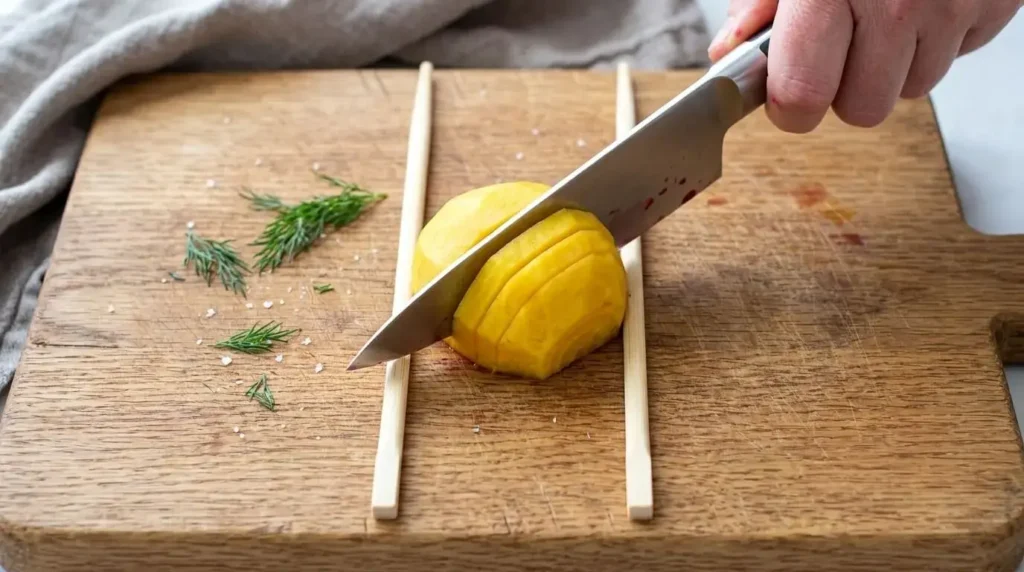 A step-by-step guide showing a chef knife slicing a golden beet placed between two wooden chopsticks to create Hasselback cuts.