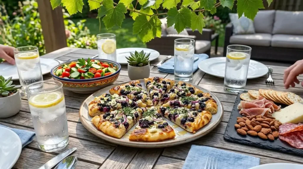 A beautiful summer party table spread featuring slices of sweet and savory blueberry flatbread alongside fresh Mediterranean side salads.