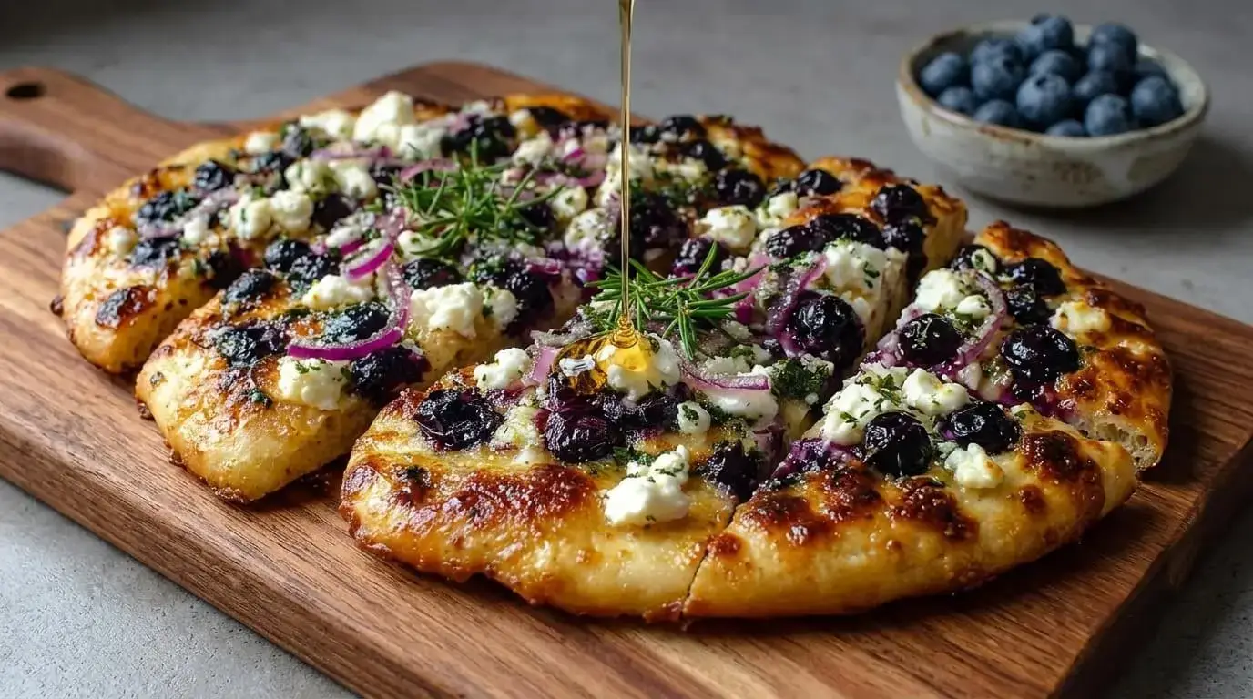 A freshly sliced artisan Blueberry Goat Cheese Flatbread garnished with fresh rosemary, dill, and a honey drizzle on a wooden board.
