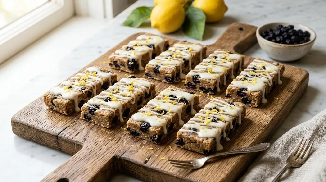 A platter of Mediterranean no-bake blueberry protein lemon bars topped with citrus glaze and fresh lemon zest on a kitchen counter.