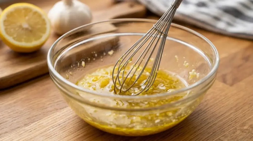 Close-up of a metal whisk blending extra virgin olive oil, fresh lemon juice, vinegar, and minced garlic in a clear bowl to create a homemade salad dressing.