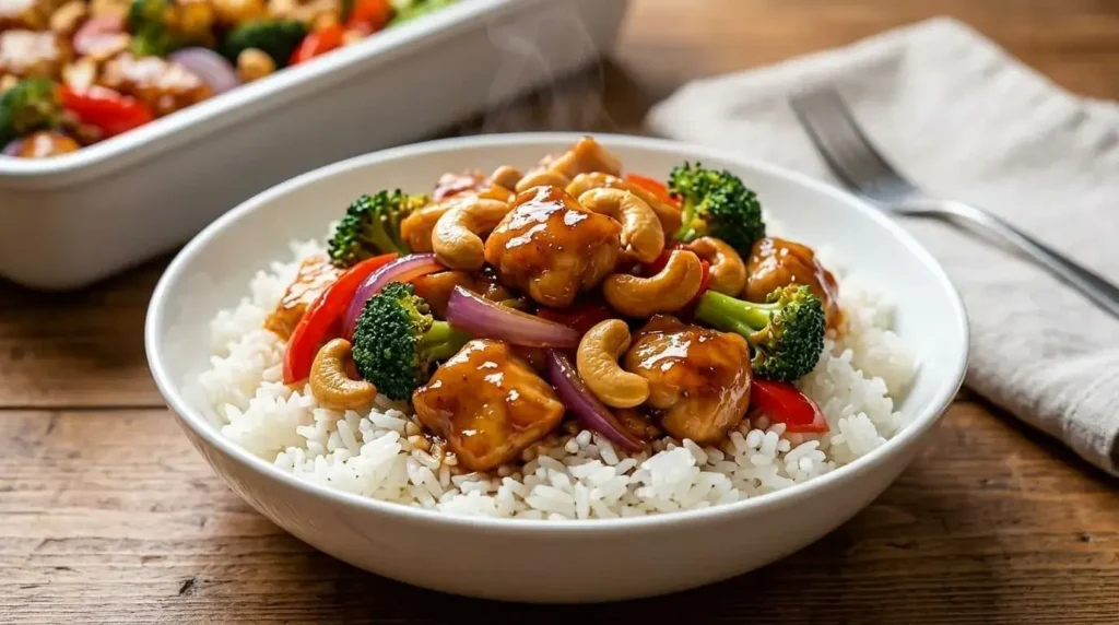 A white bowl of fluffy jasmine rice topped with a serving of glossy, sticky cashew chicken and roasted vegetables.