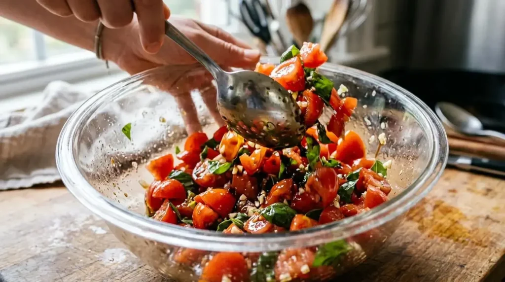 Fresh diced tomatoes, garlic, and basil being mixed in a bowl for Mediterranean bruschetta topping.