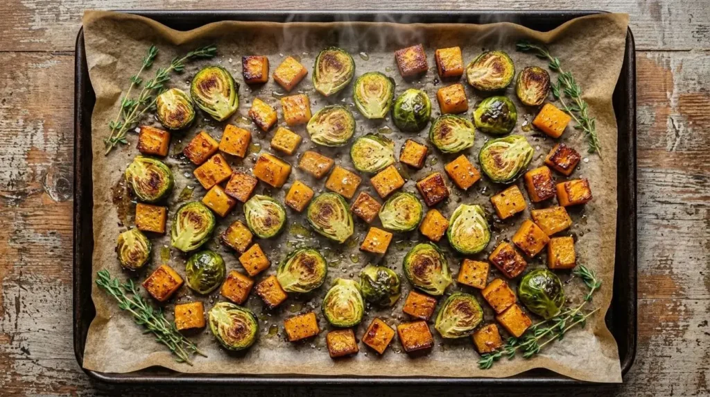 Roasted Brussels sprouts and cubed butternut squash spread evenly across a parchment-lined baking sheet.