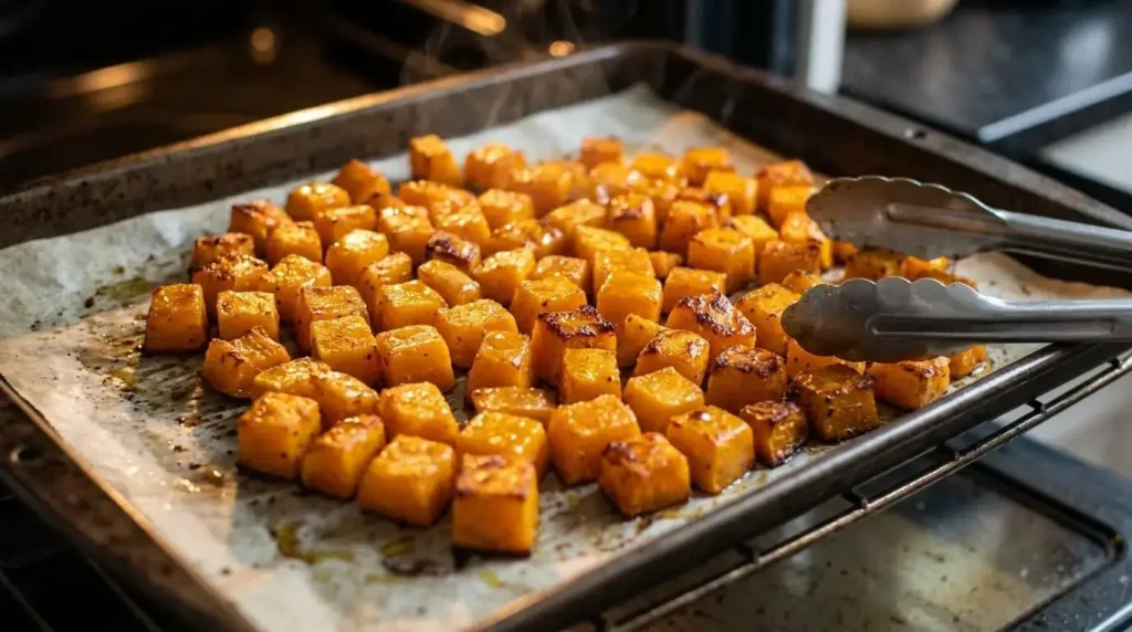 Close-up of cubed butternut squash roasting on a parchment-lined baking sheet until golden brown and caramelized.