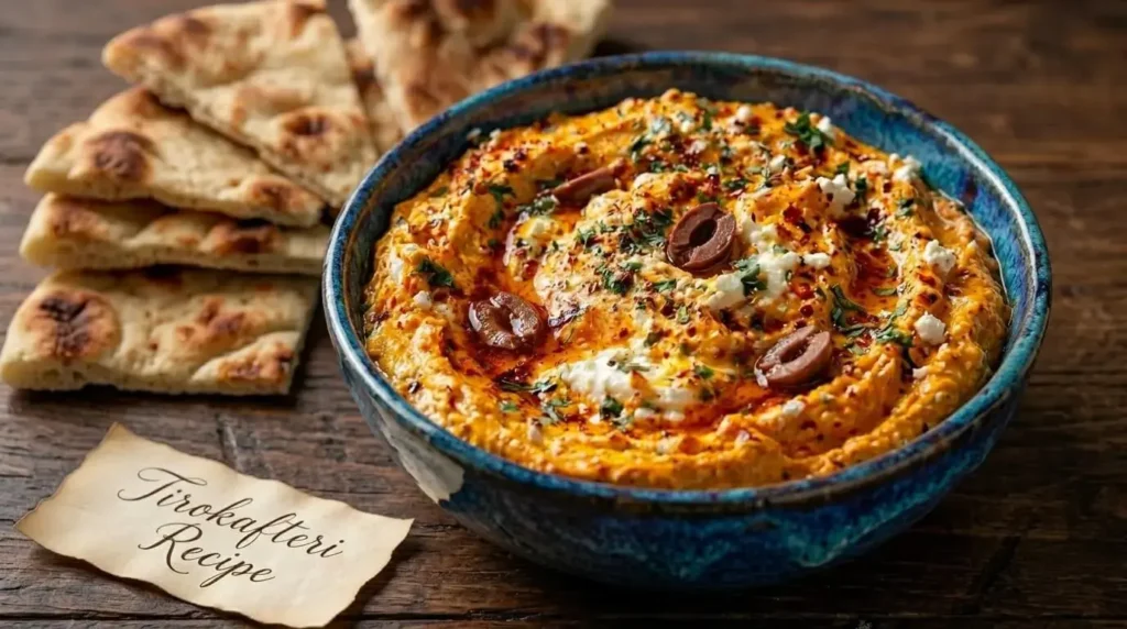 A rustic bowl of creamy orange Tirokafteri topped with olive oil, red pepper flakes, and fresh parsley, served with warm pita bread.