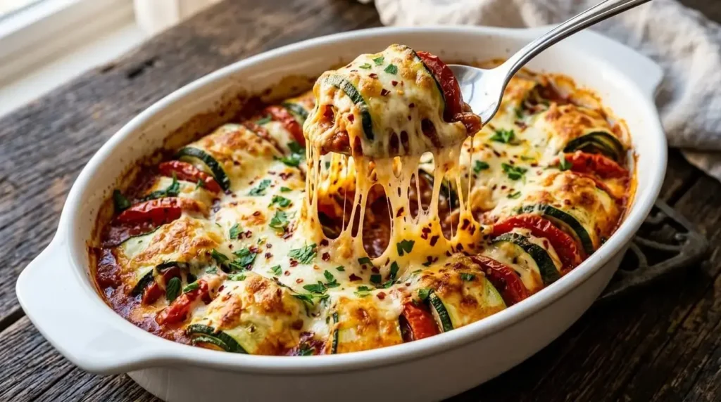 A close-up shot of cheesy Hasselback zucchini rolls with a spoon pulling up a serving, showcasing a long, melting cheese pull over layers of sliced zucchini and tomatoes.