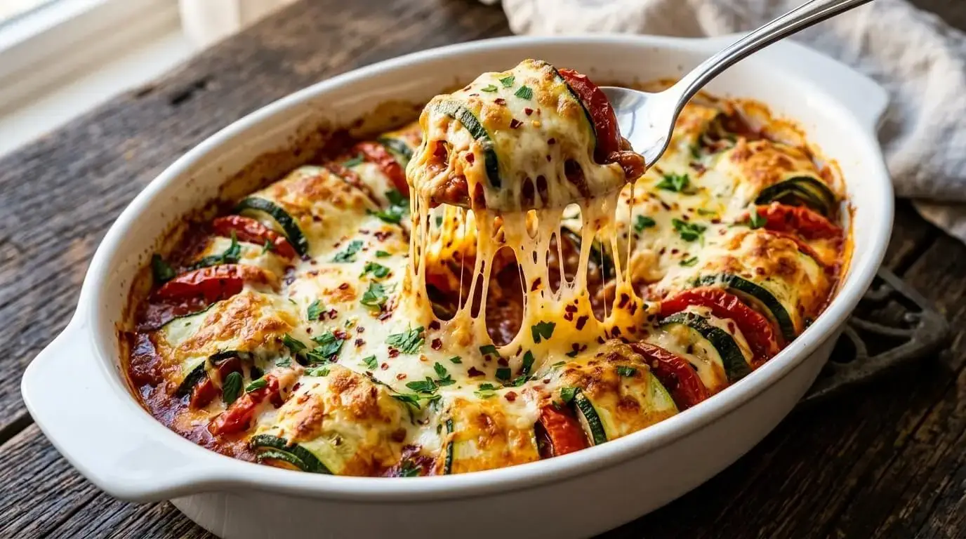A close-up shot of cheesy Hasselback zucchini rolls with a spoon pulling up a serving, showcasing a long, melting cheese pull over layers of sliced zucchini and tomatoes.