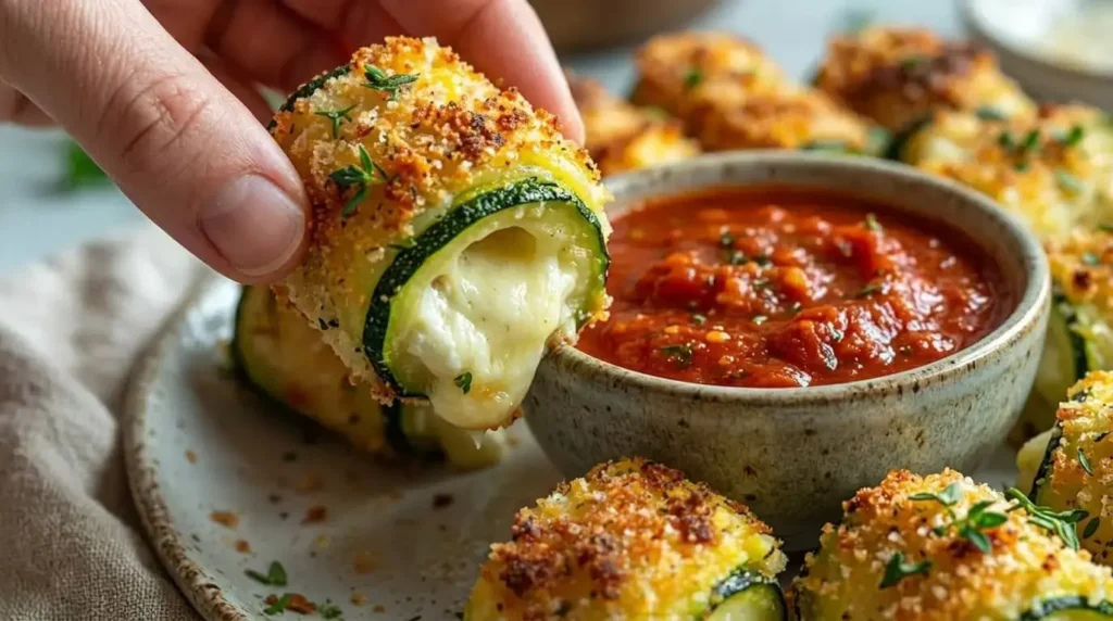 A crispy zucchini roll up with cheese being served with a side of marinara dipping sauce.