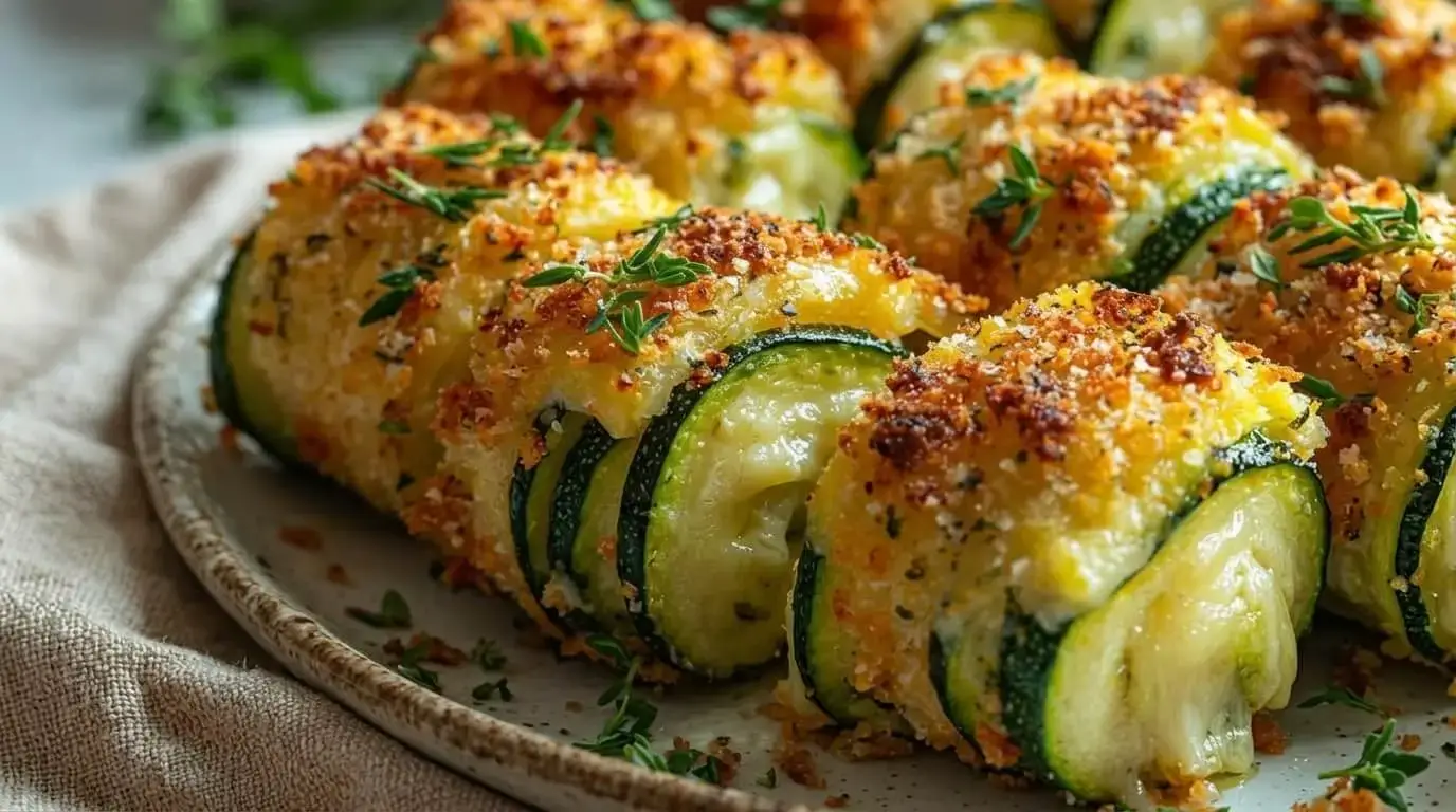 A platter of crispy Cheesy Zucchini Roll-Ups garnished with fresh thyme leaves.
