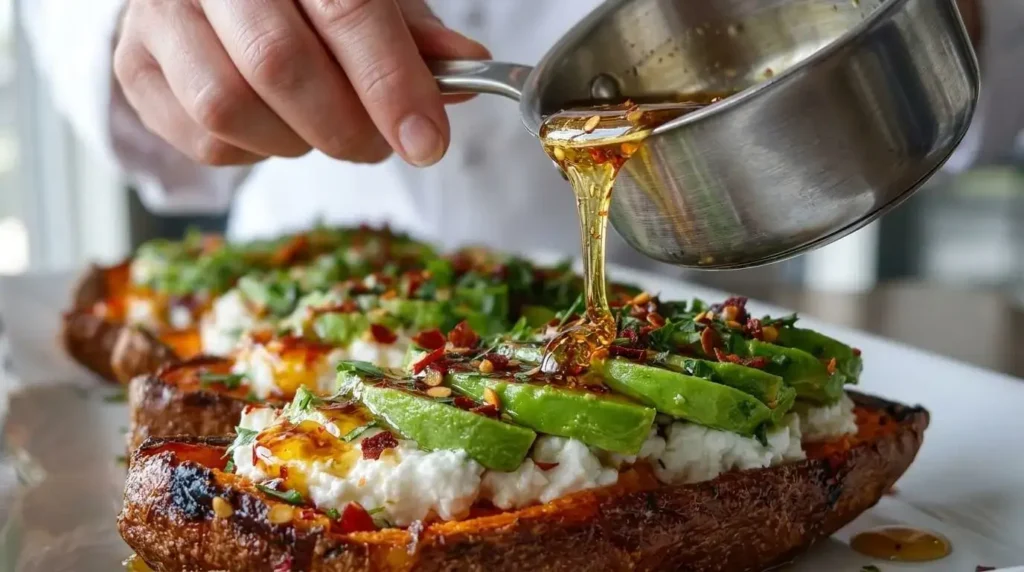 Close-up of homemade chili honey being drizzled over whipped feta and avocado inside a crispy sweet potato skin.