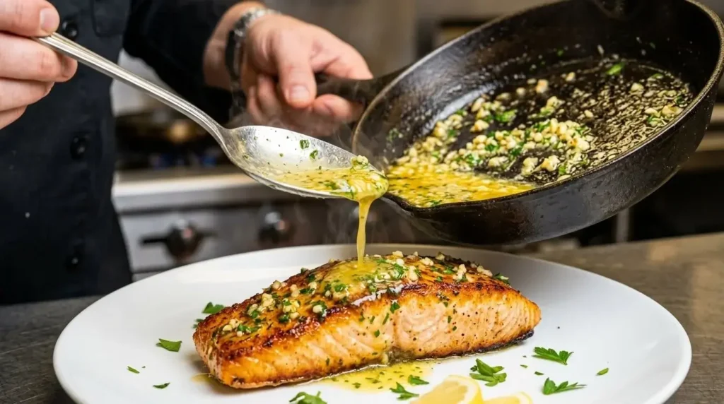 A spoon pouring hot, bubbling lemon garlic butter sauce over a pan-seared salmon fillet in a skillet.