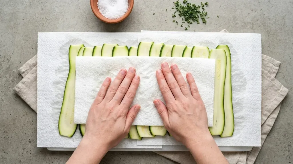 Removing excess moisture from thin zucchini ribbons using paper towels.
