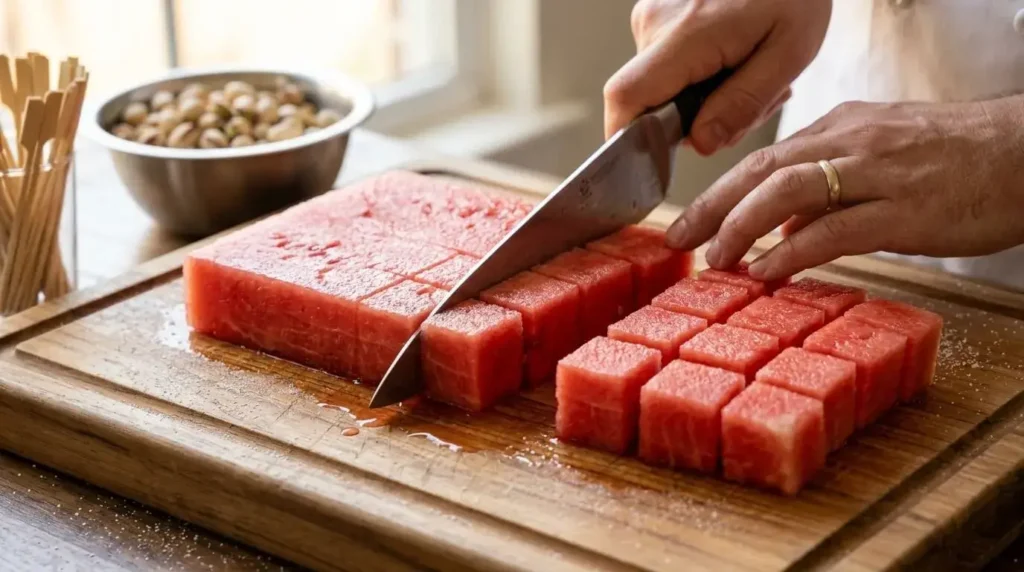 Close-up of cutting fresh seedless watermelon into uniform 1-inch cubes on a wooden cutting board.