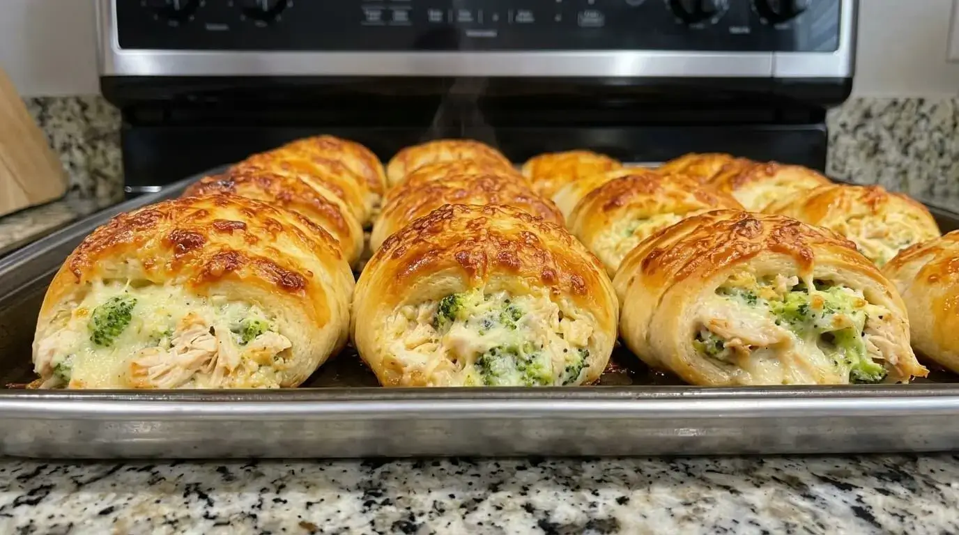 A baking sheet filled with golden brown, flaky Chicken and Broccoli Crescent Rolls topped with melted, bubbly cheese.