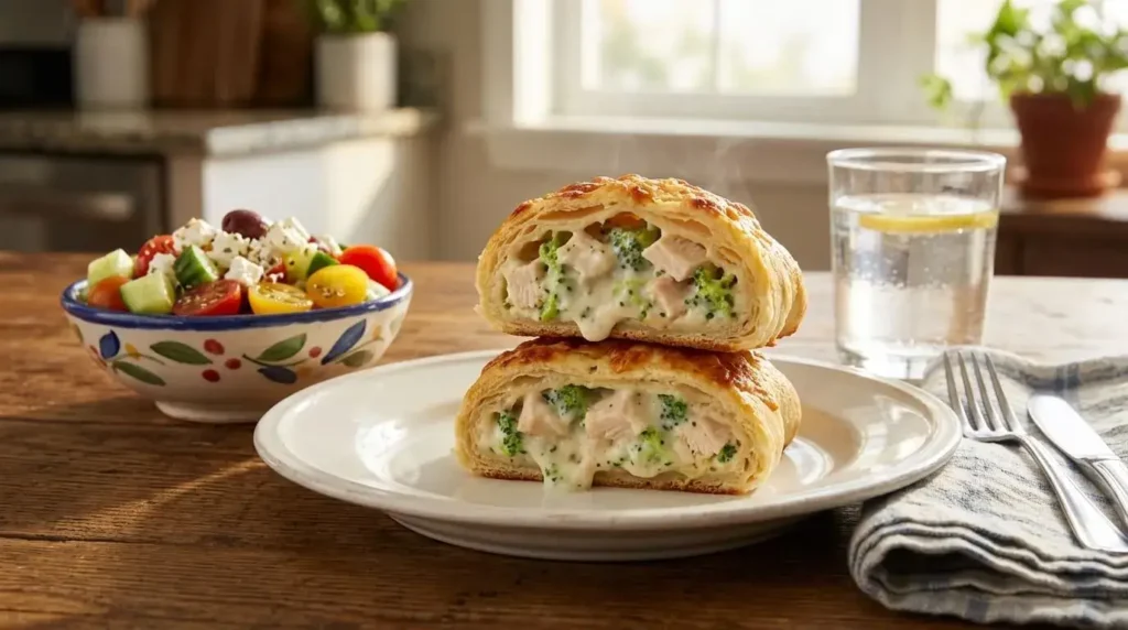 A serving plate featuring flaky chicken stuffed crescent rolls cut open alongside a fresh Mediterranean side salad.