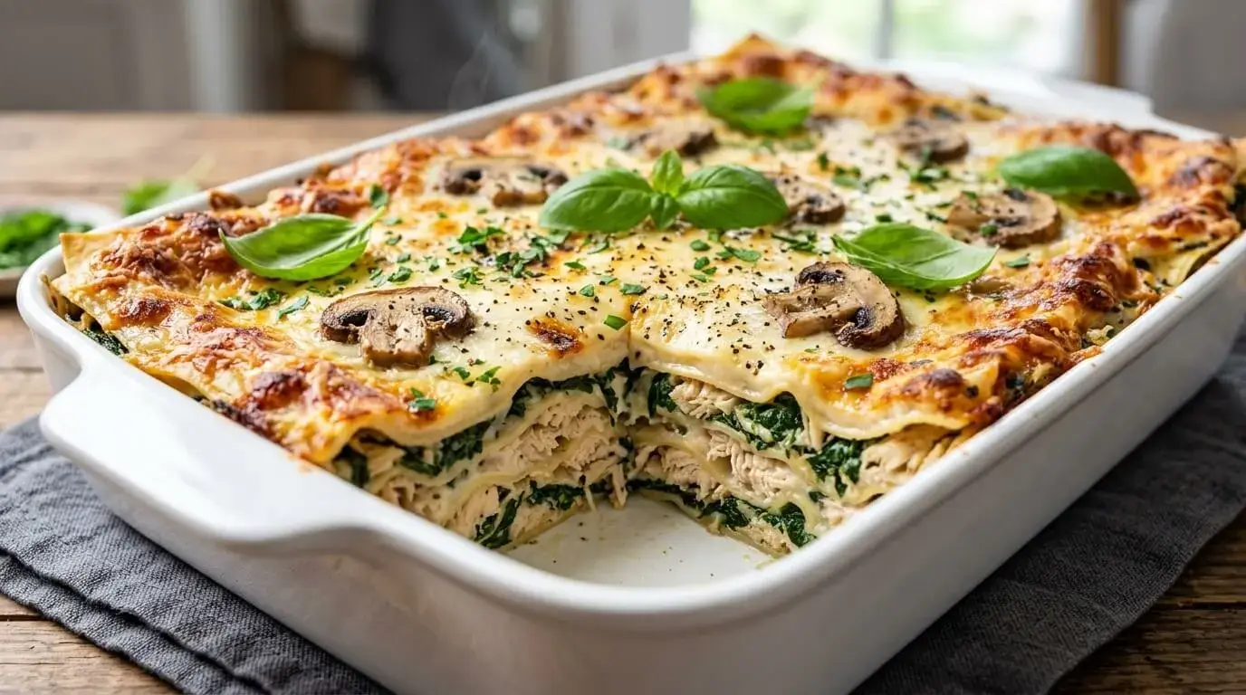 A rich and creamy chicken, mushroom and spinach lasagna in a white baking dish with a bubbling golden mozzarella crust and fresh basil garnish.