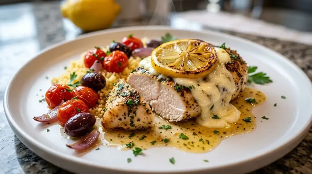 A plated serving of sliced juicy lemon feta chicken breast with roasted tomatoes and olives over a bed of fluffy couscous.