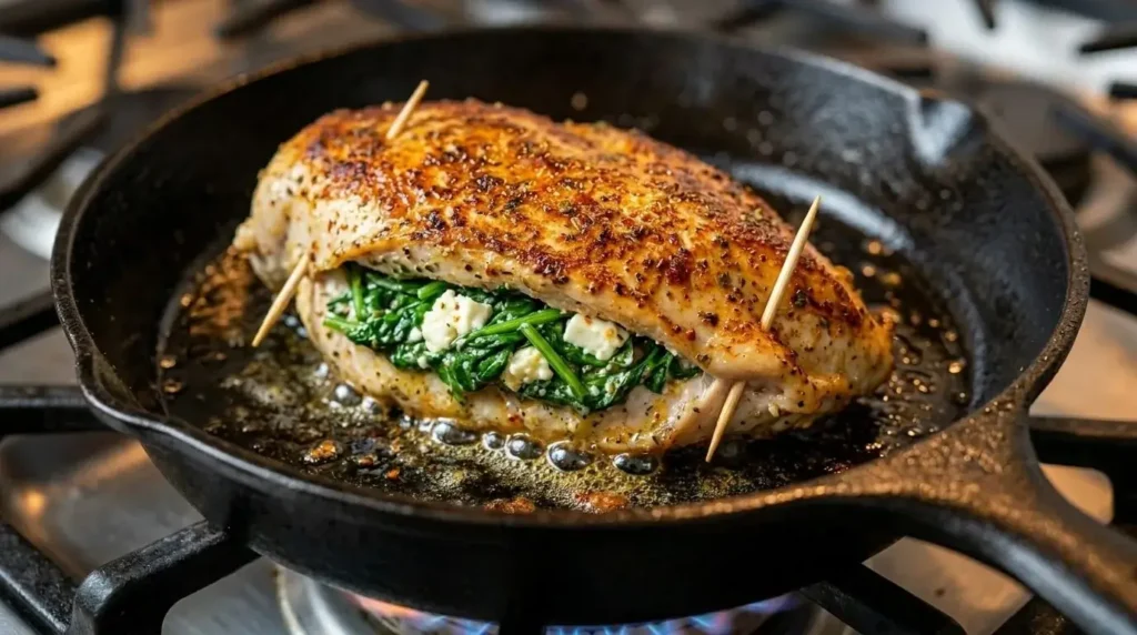 Step-by-step blog image of a seasoned stuffed chicken breast with spinach and feta searing to a golden crust in a hot skillet.