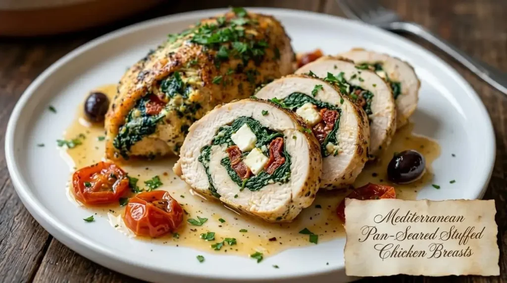 Close-up plated shot of a sliced juicy Mediterranean stuffed chicken breast showing a cross-section of spinach, feta, and sun-dried tomato filling.