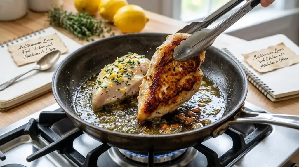 Searing seasoned chicken breasts in a hot skillet with extra virgin olive oil.