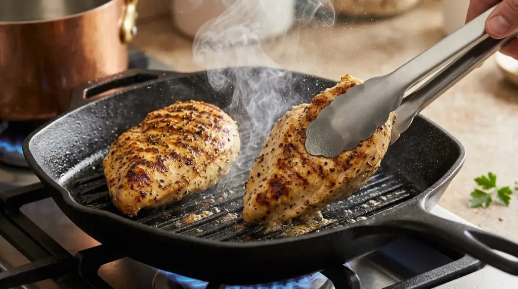 Searing seasoned chicken breasts in a hot cast-iron skillet for grilled chicken penne pasta.