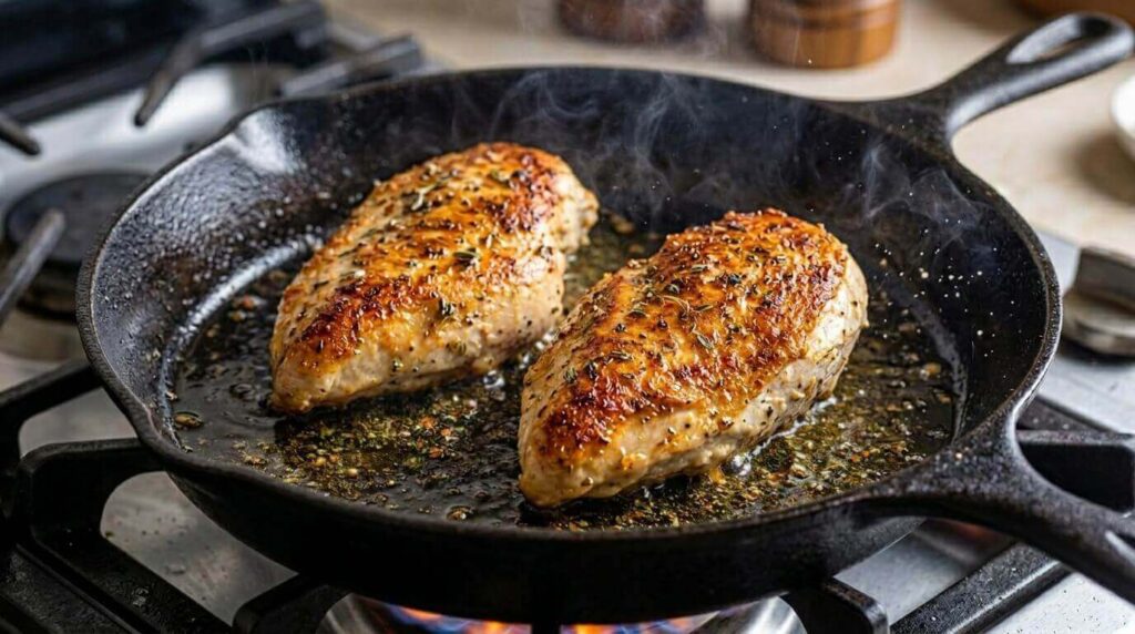Searing seasoned chicken breasts in a hot skillet with olive oil to get a golden-brown crust.