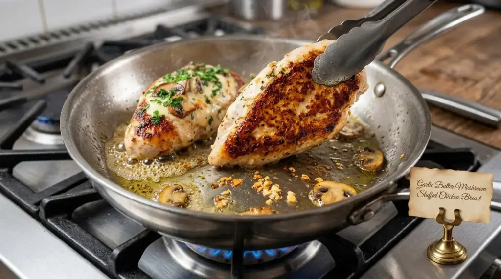 Pan-searing stuffed chicken breasts in a hot skillet with olive oil to create a golden brown flavorful crust.