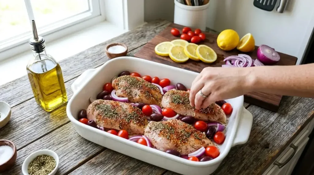 Raw seasoned chicken breasts in a white baking dish surrounded by cherry tomatoes, red onions, and olives before cooking.